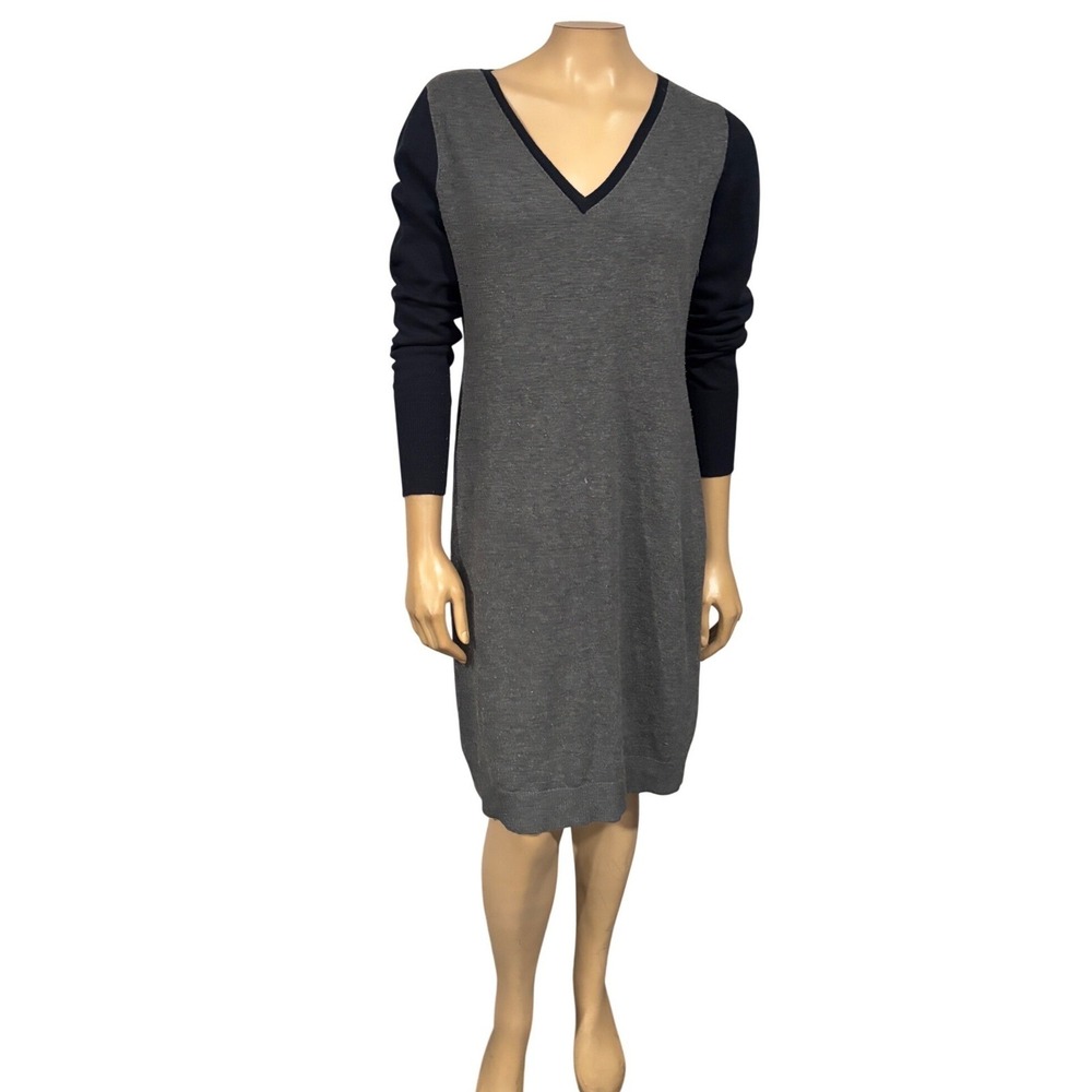 Ann Taylor Gray Navy Colorblock V-Neck Knit Sweater Dress Office Chic Sz M
